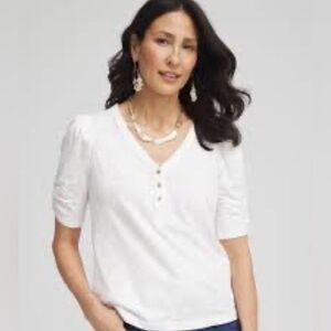 Chico's White V-Neck Women's Top with Ruched Sleeves Chico’s Size 2/ Medium